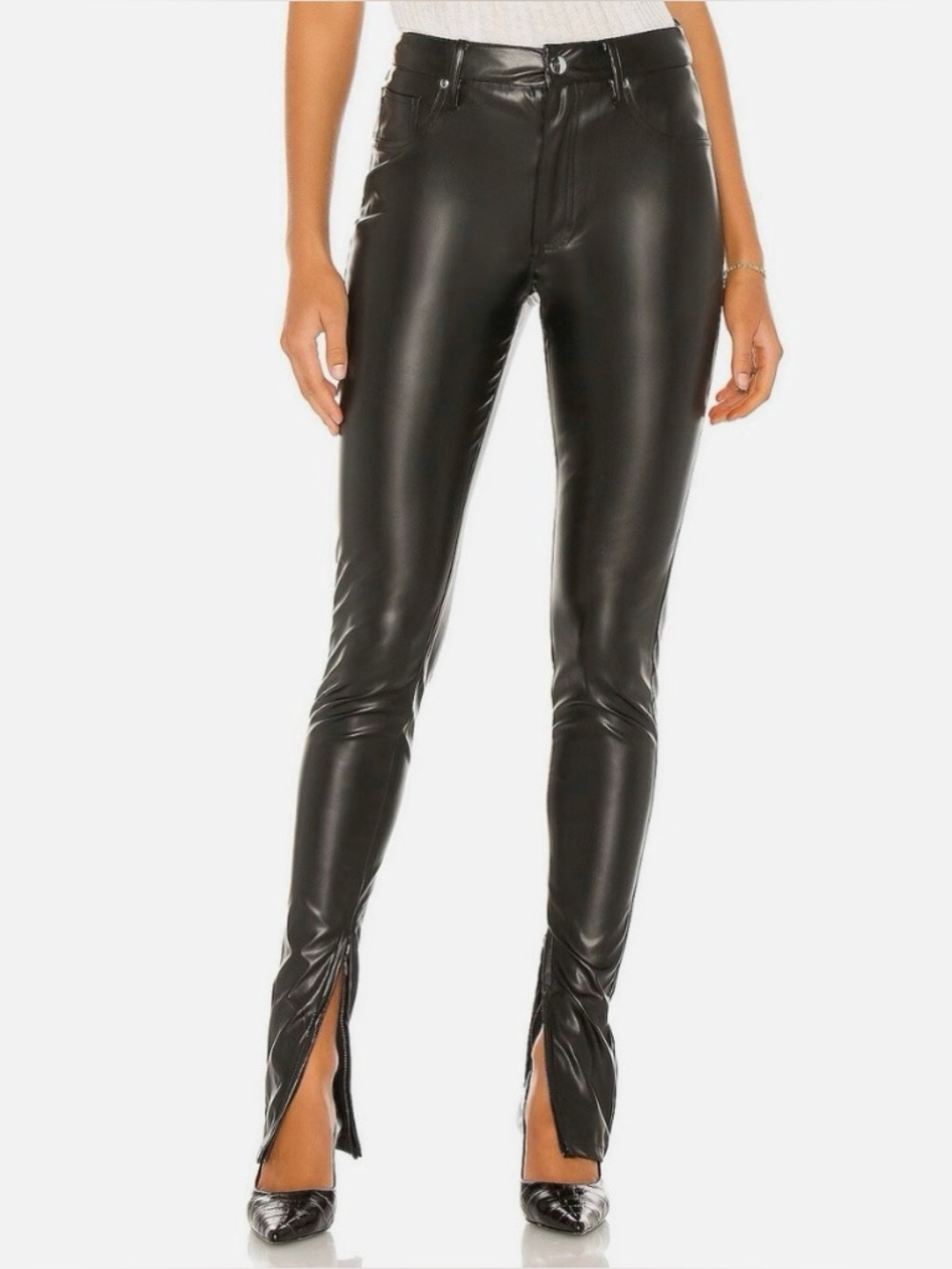 WEWOREWHAT Faux Leather Stiletto Long Zip Split Cuff Vegan High Waist 25